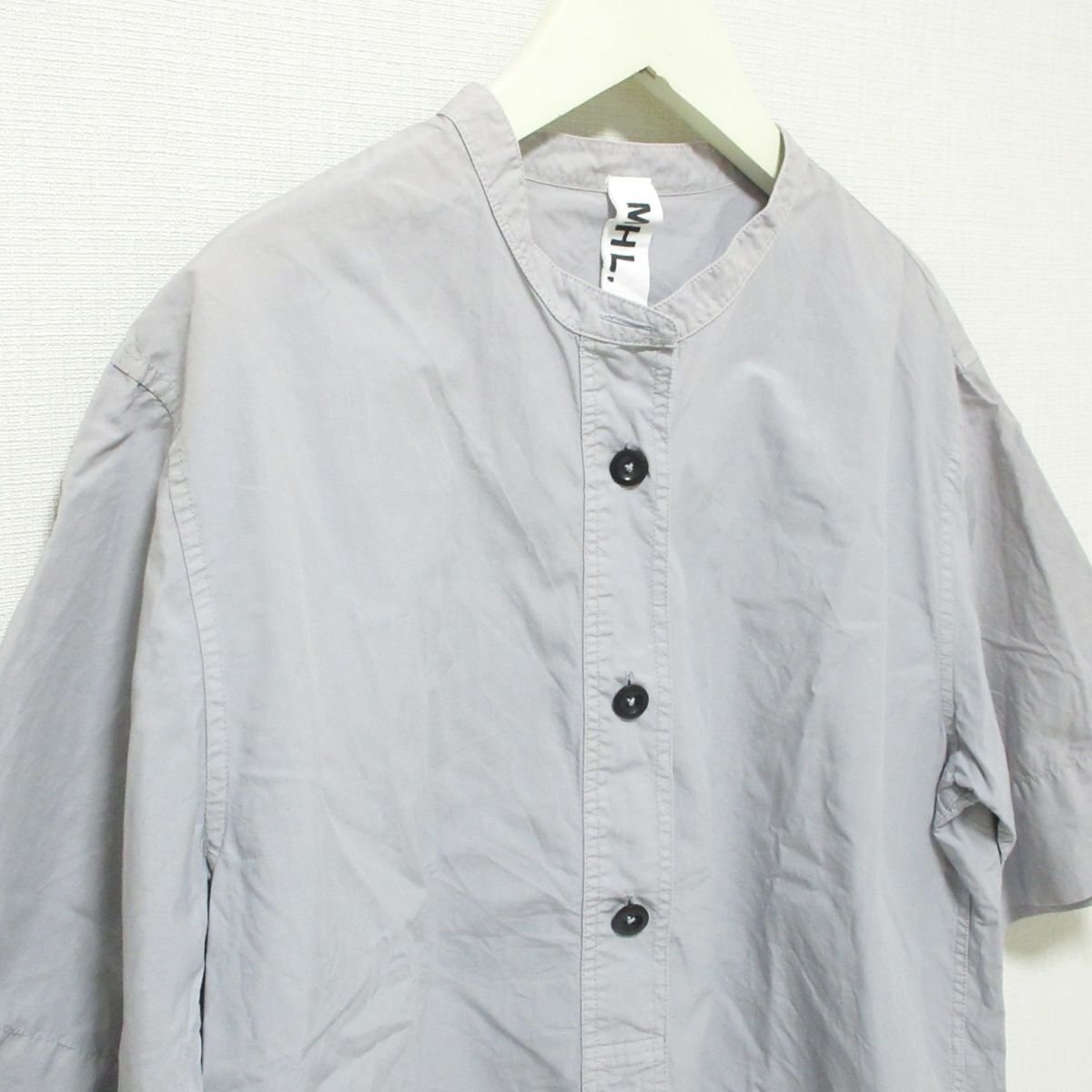 良品 22SS MHL. マーガレットハウエル COTTON RAMIE POPLIN リネンブレンド 半袖 ハーフボタン バンドカラーシャツ ブラウス 2 グレー ◆_画像4