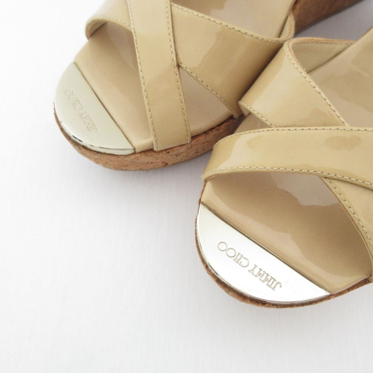  as good as new JIMMY CHOO Jimmy Choo enamel Cross strap cork Wedge sole sandals size 36 approximately 23cm beige 