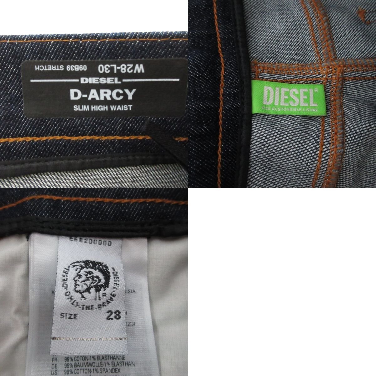 美品 DIESEL ディーゼル D-ARCY スリム ハイウエスト ステッチ デニムパンツ サイズ28 ブルー_画像6