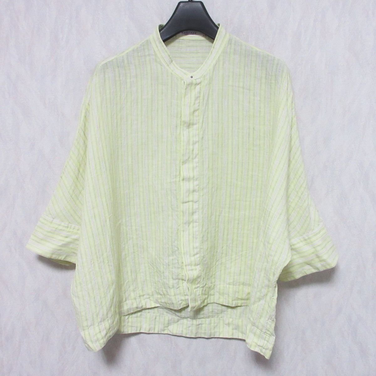  beautiful goods 23SS MACPHEE maca Feist laip pattern asimeto Lee Hem linen shining half sleeve shirt blouse 38 yellow *