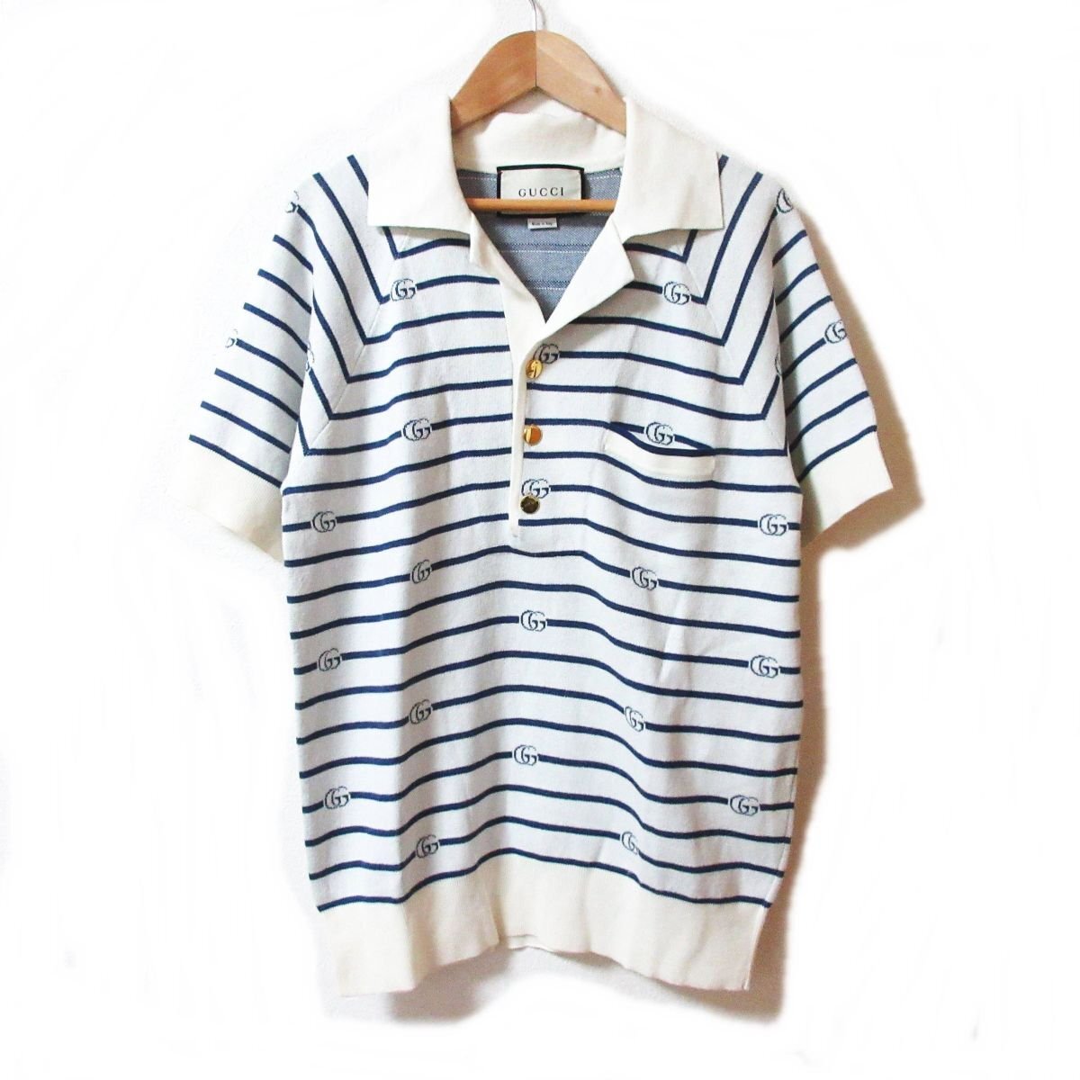 美品 20-21AW GUCCI グッチ DOUBLE G STRIPE POLO GGロゴ 金ボタン ニット ポロシャツ オーバーサイズ XS ホワイト×ネイビー ◆_画像1