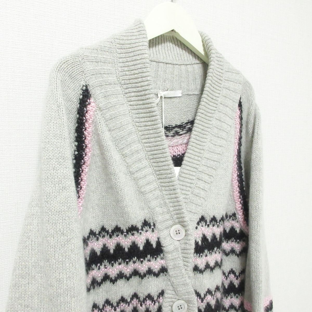  unused Chloe Chloe border pattern Anne gola× cashmere Blend long height knitted cardigan XS gray 044 *