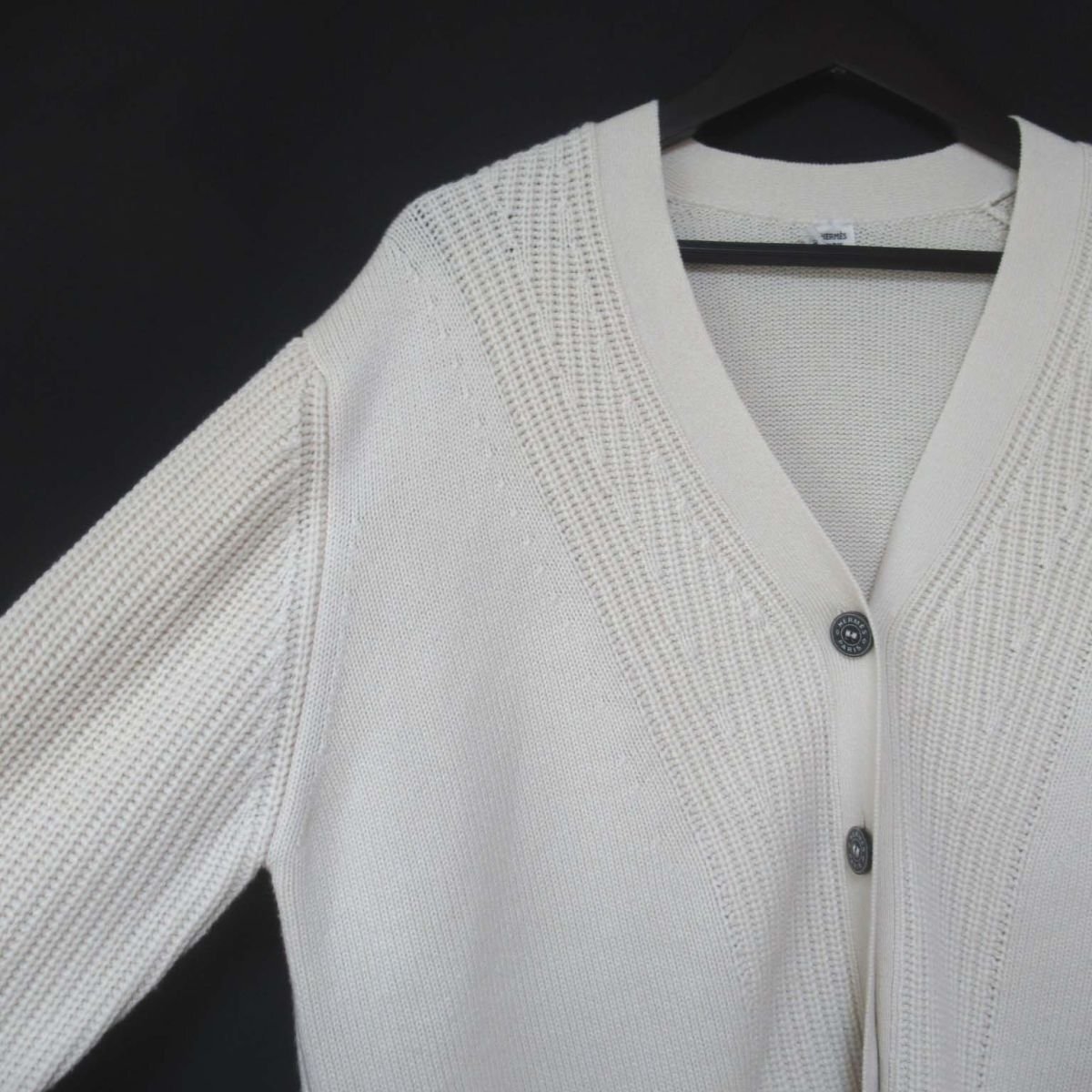  as good as new 23SS HERMES Hermes Serie button cashmere cotton V neck long sleeve oversize knitted cardigan 36 size eggshell white 
