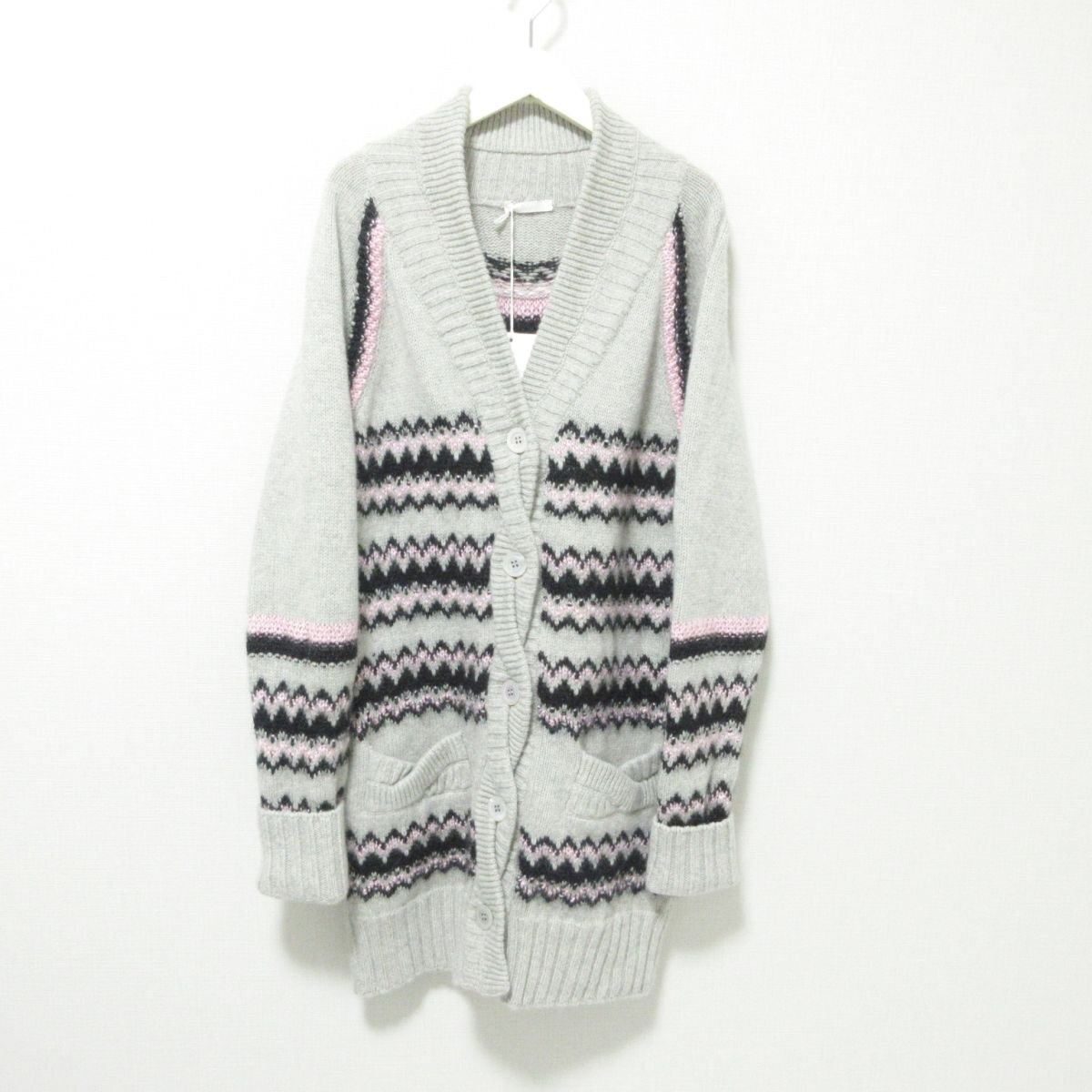  unused Chloe Chloe border pattern Anne gola× cashmere Blend long height knitted cardigan XS gray 044 *