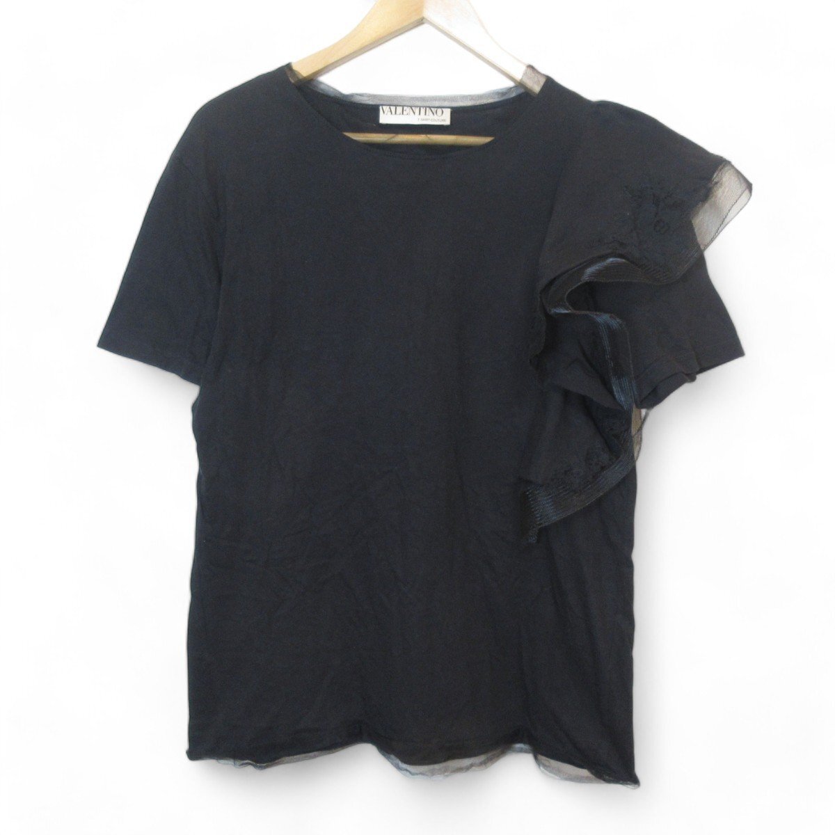 美品 VALENTINO ヴァレンティノ チュール レース装飾 半袖 Tシャツ カットソー 8サイズ ブラック_画像1