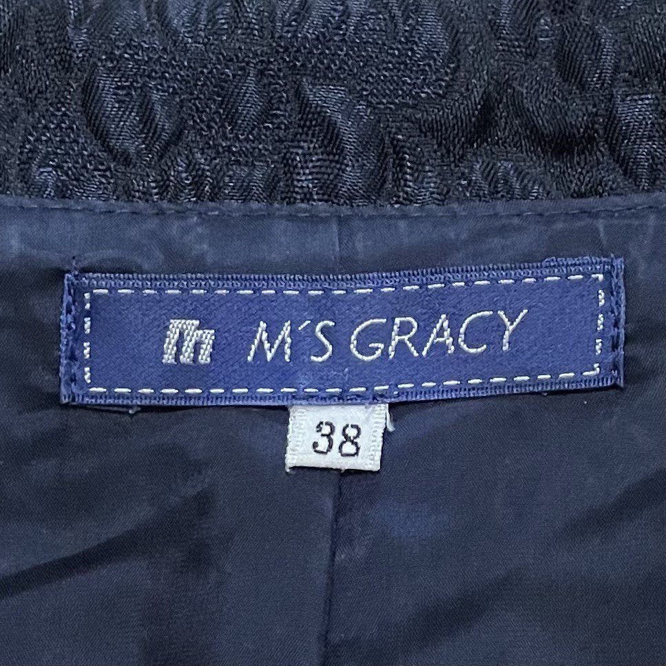 美品 M'S GRACY エムズグレイシー パフスリーブ ジャガード織 ドレスコート ワンピース 38 ダークネイビー ◆の画像5