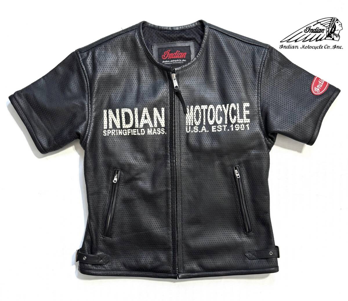 美品【名作】Indian Motocycle インディアンモトサイクル パンチングレザー 半袖 ライダースジャケット 40(L相当) 牛革 ロゴ 刺繍ワッペンの画像1