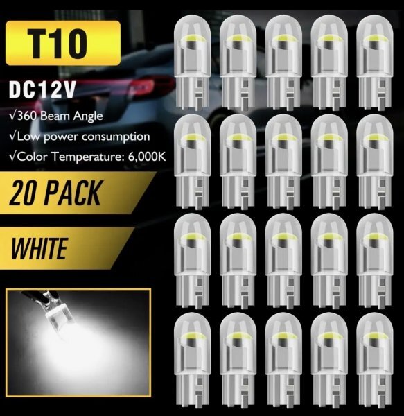 T10 T16 LED バルブ 20個 12V COB 6000K ホワイト CANBUS キャンセラー ポジション ナンバー灯 メーター パネル球 明るい 爆光 車検対応の画像1