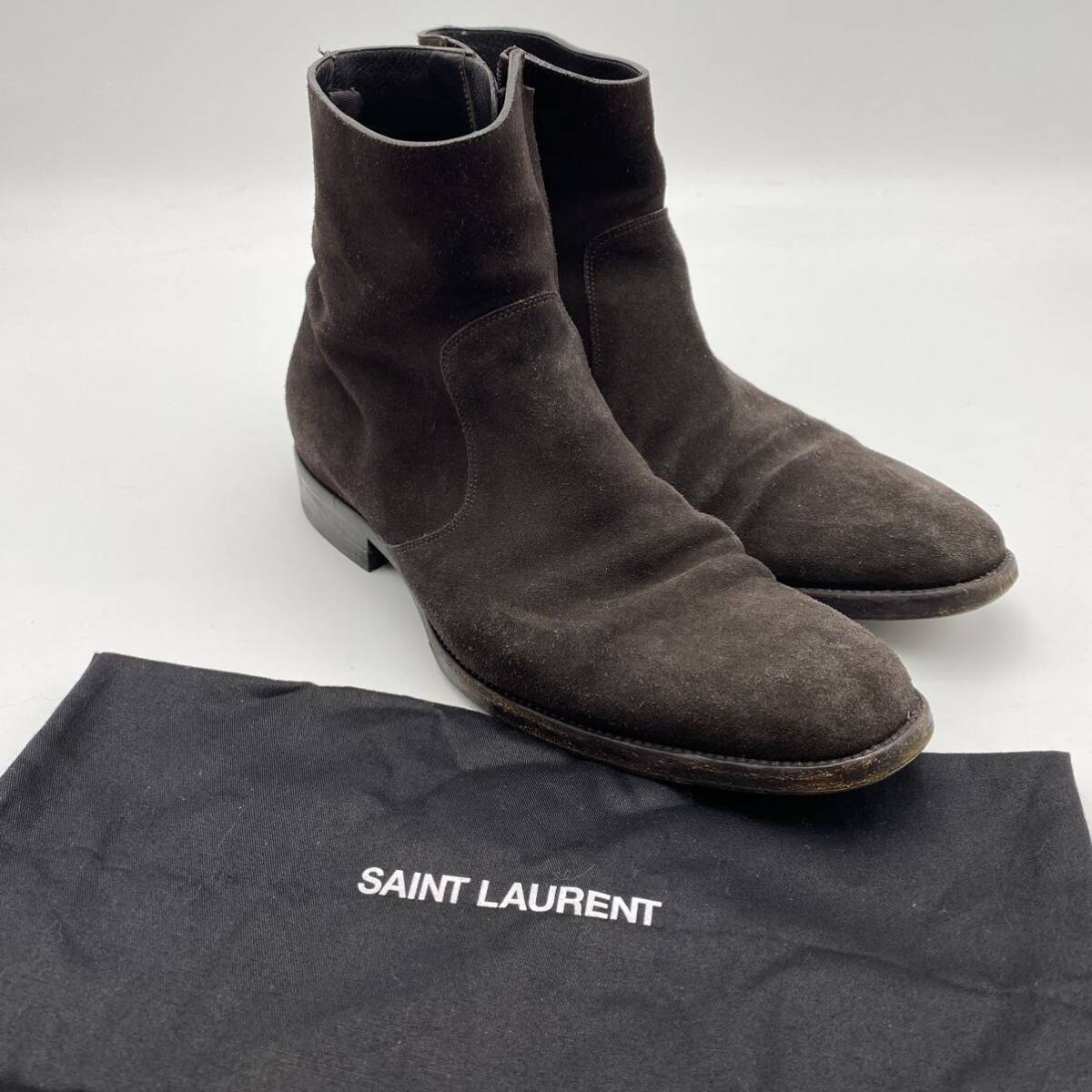 【1円〜】SAINTLAURENT/サンローラン YSL ショートブーツ スエード メンズ靴 41 1/2サイズ ブラウン 保存袋付き