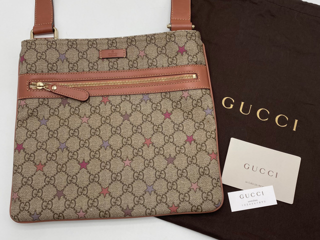 【1円～】GUCCI グッチ GGスプリーム GG ショルダーバッグ サコッシュ スター柄 ブラウン 保存袋付 295257の画像1