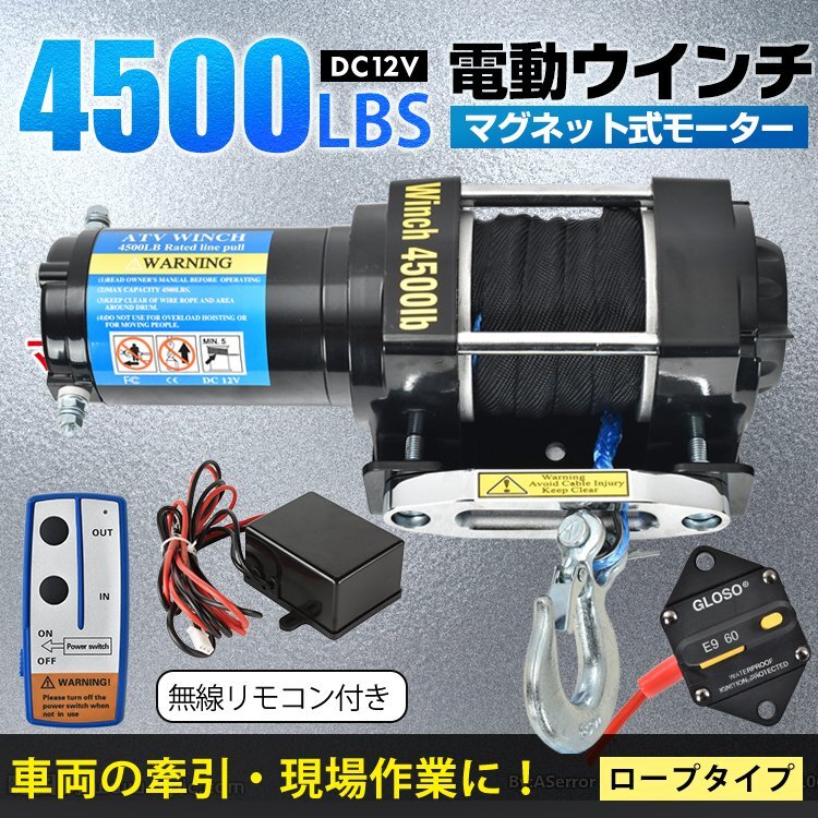 1円 ウインチ 12v 電動ウインチ 電動 巻き上げ 車載 小型 車 4500 ロープ 軽量 無線リモコン 巻き上げ機 トロリー 強力 牽引 sg078の画像1