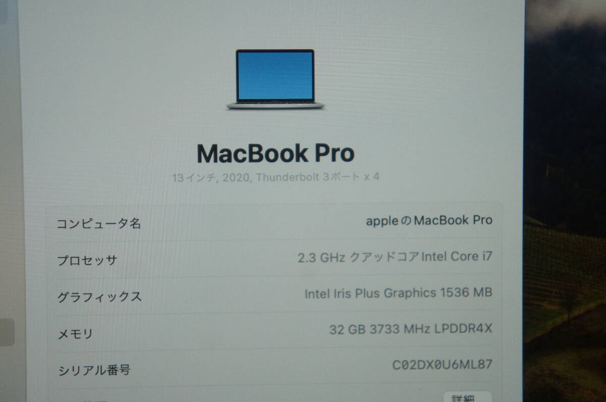中古 英字キーボード Apple MacBook Pro13インチ, 2020, Thunderbolt 3ポート x 4 i7/32GB/1TB/13 2560×1600 (6)の画像5