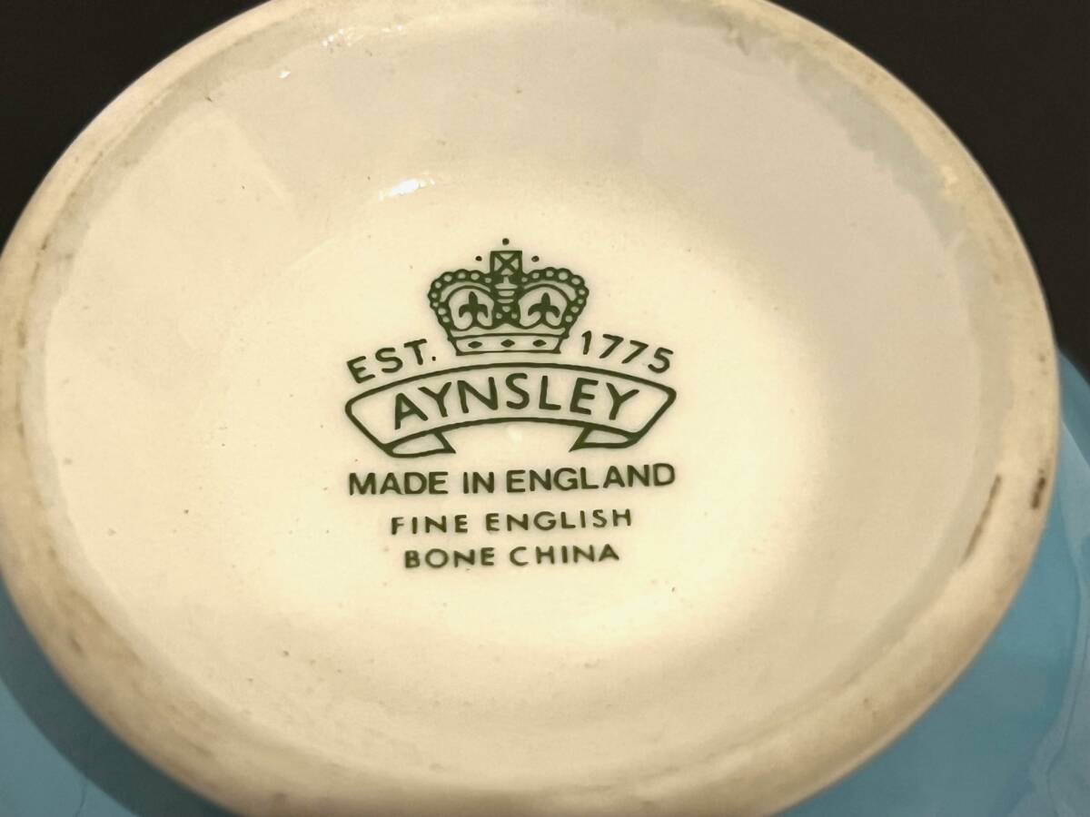 640321007　AYNSLEY　エインズレイ　カップ＆ソーサーセット　お花柄　鳥　ターコイズ　ブルー　洋食器　工芸品_画像10