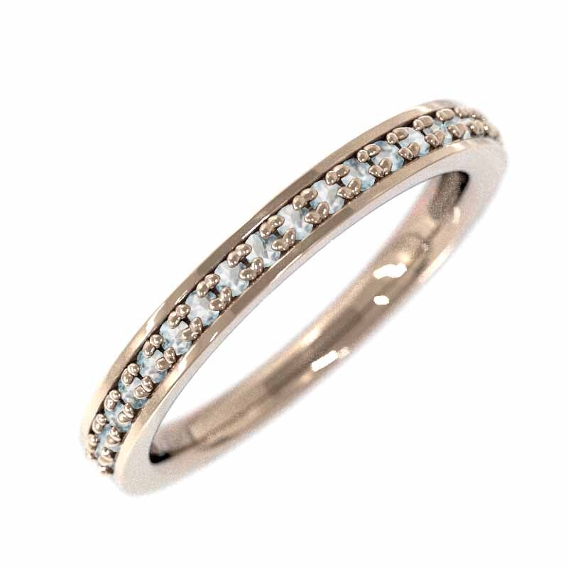 【ご予約品】 18金ピンクゴールド ハーフ 一文字 リング スレンダー リング 3 アクアマリン
