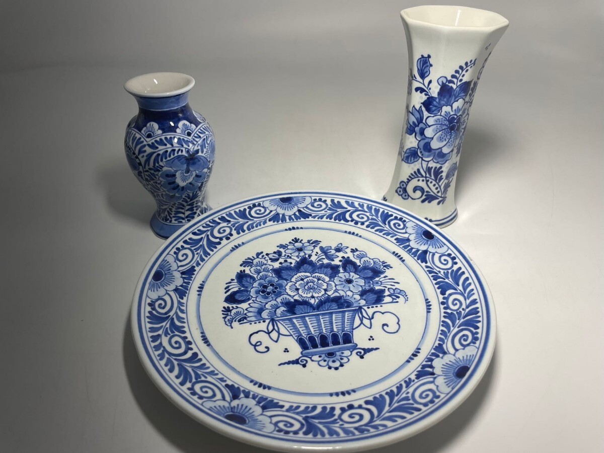AS675 West fine art De Porceleyne Fles Royal * Dell fto vase & plate put it together 3 point Holland ceramics hand .. Vintage 