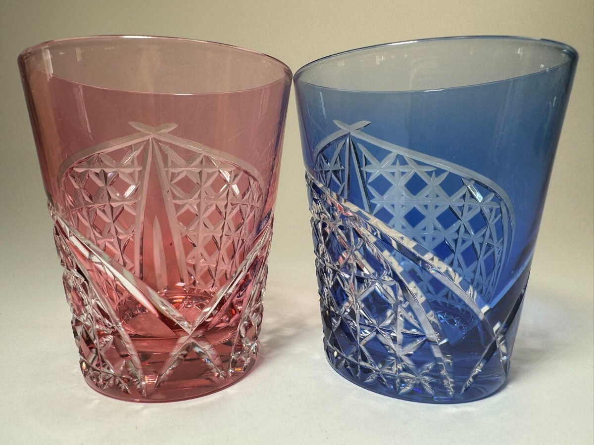 AS698kagami crystal Kagami Edo cut . color ..[. crane ] pair rock glass cut . glass 2 customer set also box 