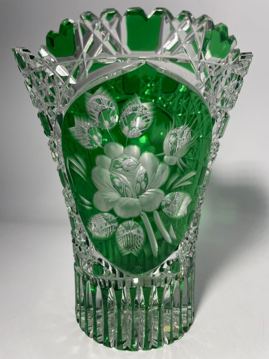 AS669 西洋美術　Meissen マイセン　クリスタル花瓶　グリーン被せ　フラワーベース　H18cm_画像4
