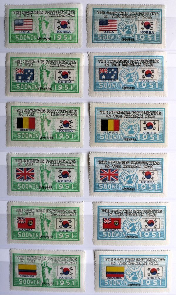 【稀少・韓国記念切手!!】⑲ 国連軍参戦・旗切手43種 未使用NH 型価83万Wonの画像2