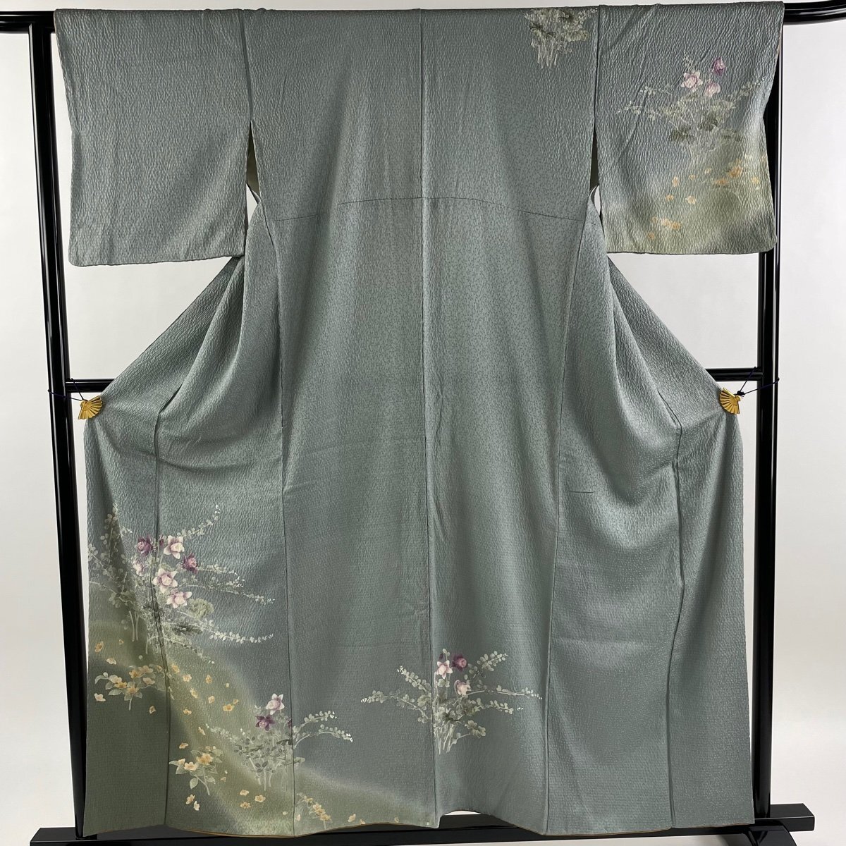 付下げ 身丈157.5cm 裄丈65cm M 袷 草花 絞り 灰緑 正絹 美品 秀品 【中古】_バイセル 14089_1