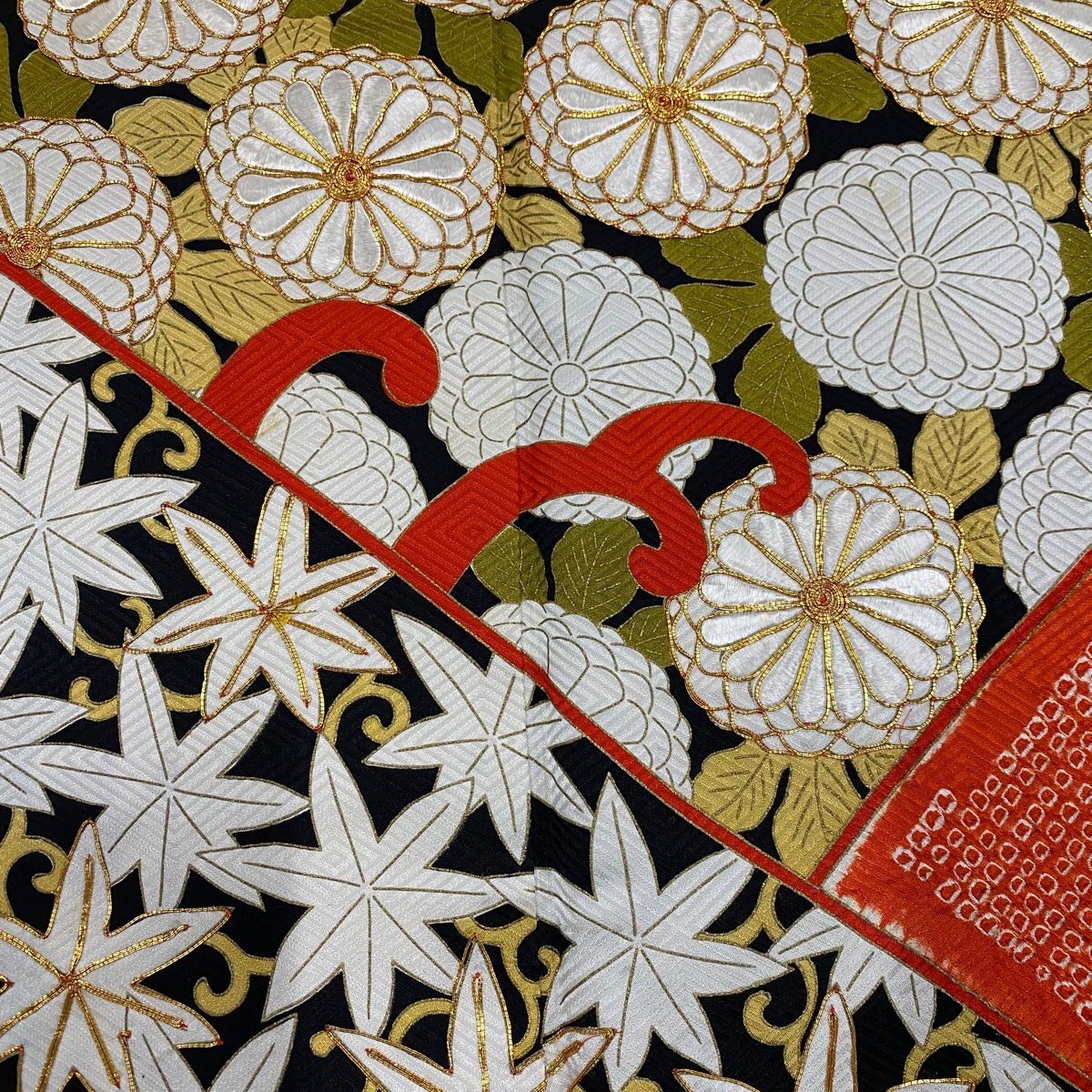  long-sleeved kimono length 167cm sleeve length 66cm M.. maple gold thread aperture stop black silk preeminence goods [ used ]