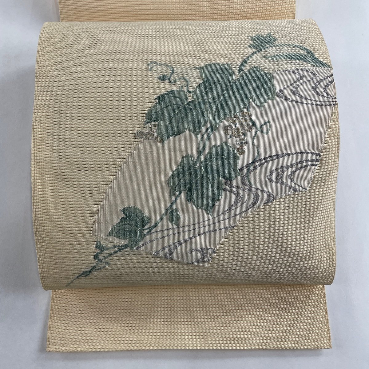 名古屋帯 優品 夏帯 絽 八寸名古屋帯 松葉仕立て 葡萄唐草 ベージュ 正絹 【中古】_バイセル 14118_1