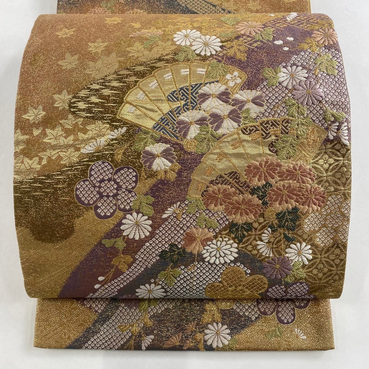 袋帯 秀品 檜扇 菊 金糸 箔 山吹茶色 お太鼓柄 正絹 【中古】_バイセル 14117_1