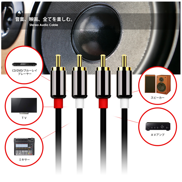 オーディオケーブル 1m 2RCA to 2RCA（赤/白）変換 金メッキ オスーオス ステレオケーブル ネコポス 送料無料_画像2