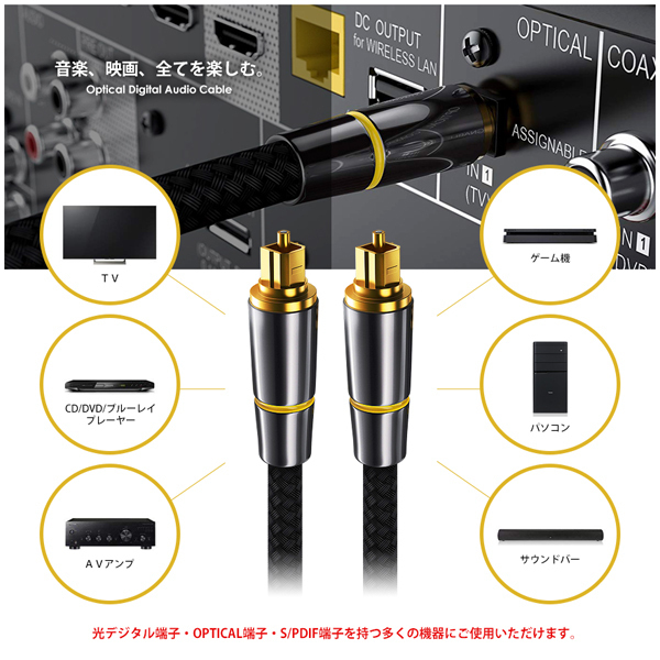  optical digital cable 10m premium audio TOSLINK rectangle plug 24K gilding metal connector nylon mesh cat pohs free shipping 
