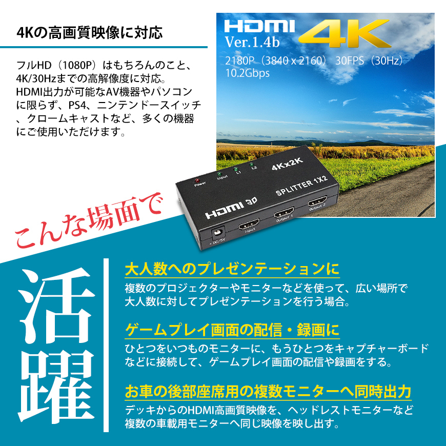 HDMI分配器 スプリッター 入力1端子 同時出力2端子 4K フルHD PS4 スイッチ プロジェクターに ネコポス 送料無料_画像4