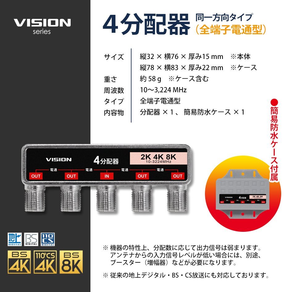 4分配器 同一方向 1年保証 防水ケース付 少しの違いで使い勝手抜群に 4K 8K テレビ アンテナ 屋内 屋外 地デジ ネコポス 送料無料