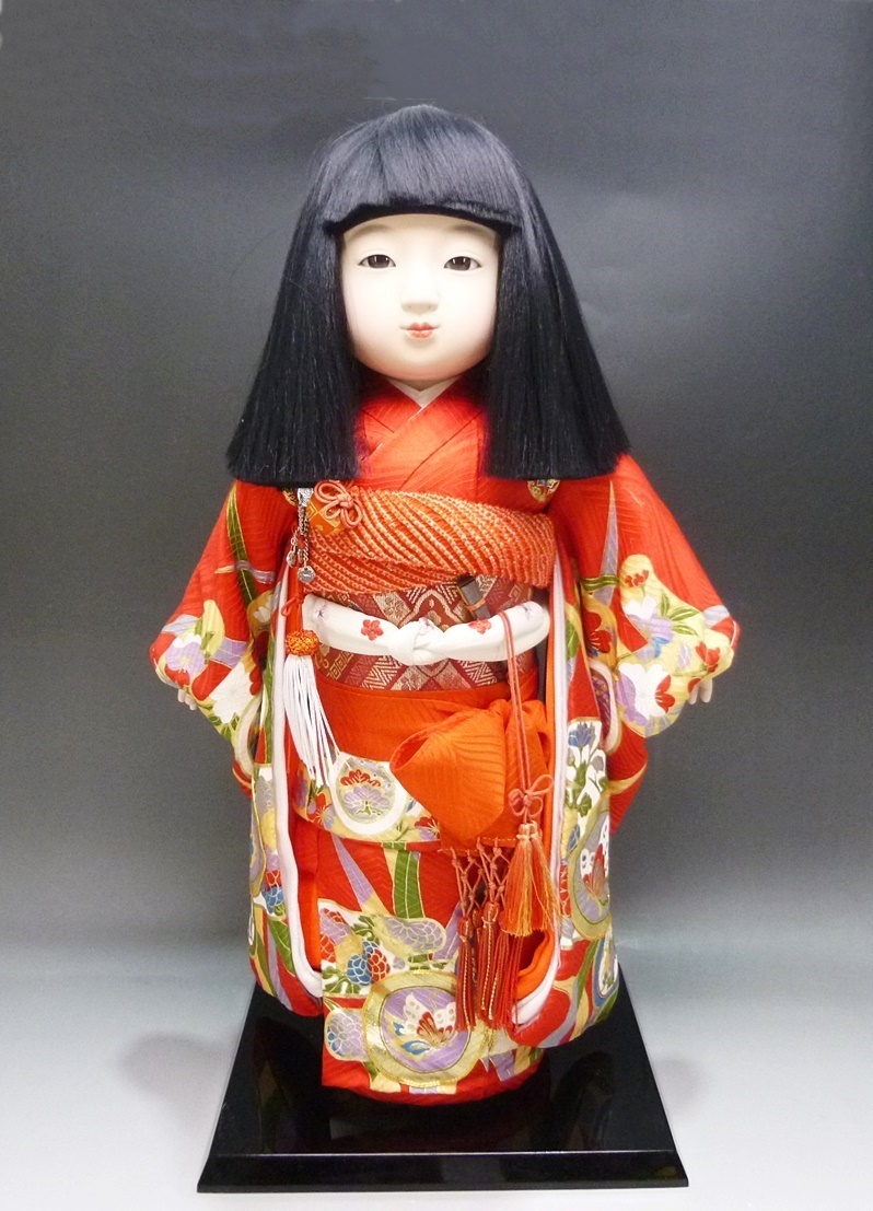 《ジャムルK》KKo0429-57◆日本人形 市松人形 和装 着物 女の子 置物 ケース無 高：45㎝ 振袖 章介作 和服_画像1