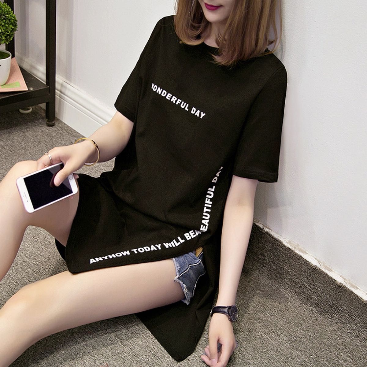 XL ブラック ロング丈 Tシャツ 英文 スリット ロゴ 体型カバー 