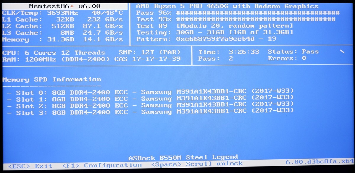 Samsung DDR4-2400 ECC Unbuffered 8GB×2枚 計16GB　PC4-19200_memtestは4枚挿しでチェックしています