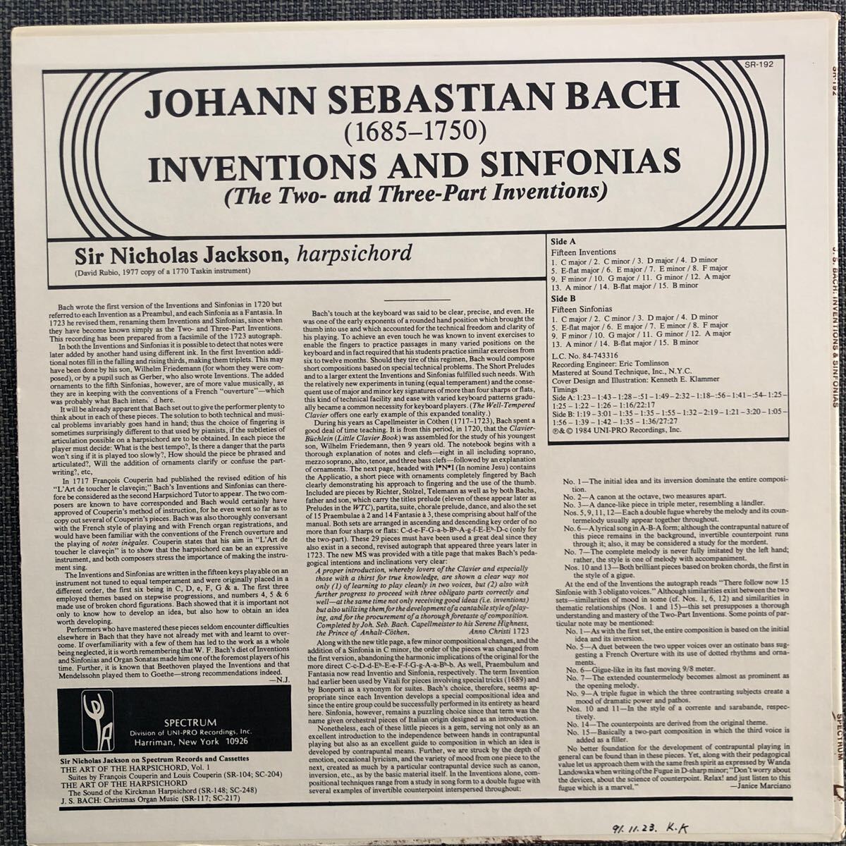 LPレコード　J.S.BACH INVENTIONS AND SINFONIAS SR-192 海外版　レトロ　ヴィンテージ_画像2