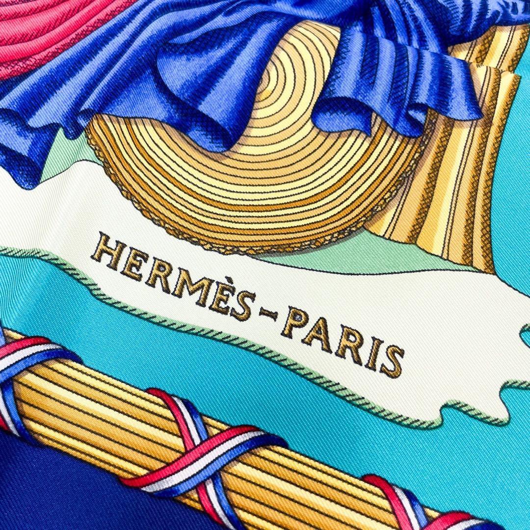 極美品・人気モデル HERMES エルメス カレ 90 シルク100% スカーフ フランス革命 バンダナ ブルー_画像9
