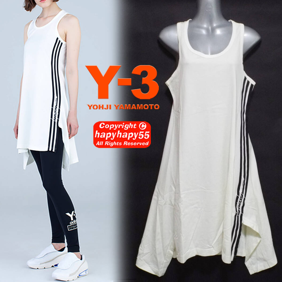 #Y-3 3 stripe signature long tanker * no sleeve deformation cut and sewn cotton One-piece Yohji Yamamoto Adidas collaboration 