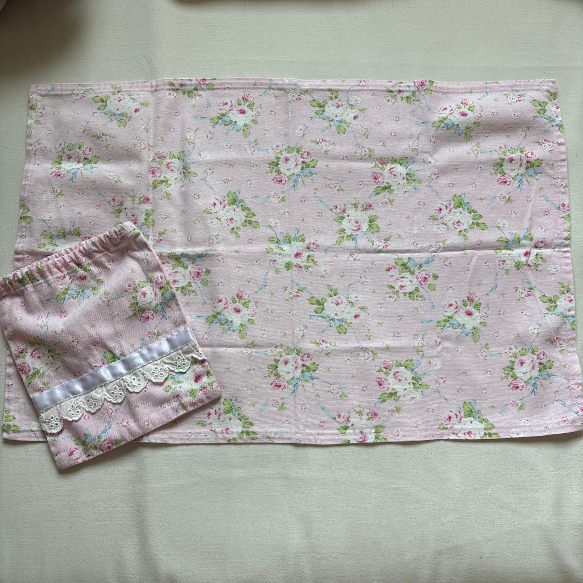 ハンドメイド　給食セット　巾着袋　ランチョンマット　ピンク　 花柄 綿