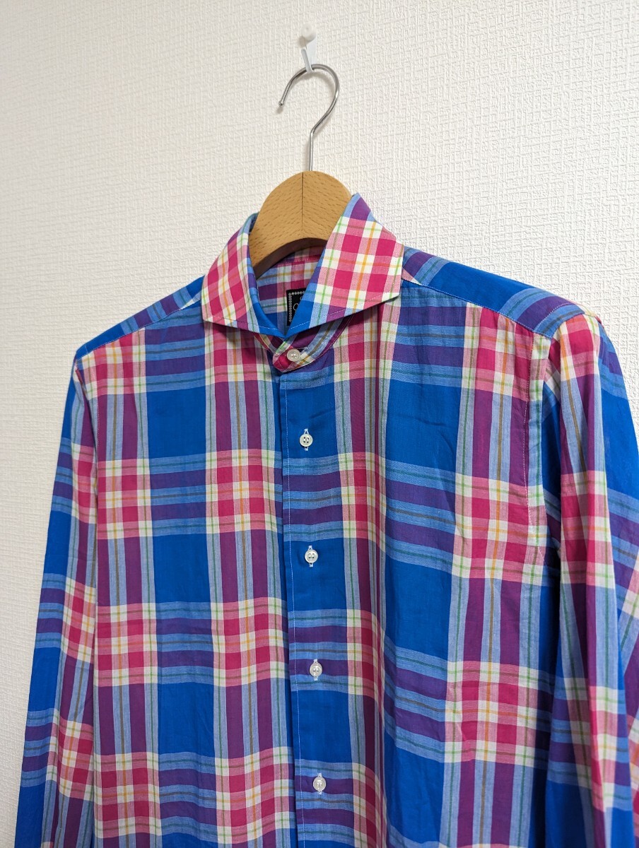 極美品　ORIAN　オリアン　シャツ　37　vintage　ボイル生地　カッタウェイ　ブルー×ピンク　チェック柄　イタリア製_画像5