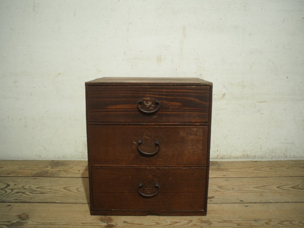 yuK0833*H38cm×W33cm* storage 3 cup * retro taste ... old wooden small drawer * storage shelves document case chest old furniture old tool Vintage S.4