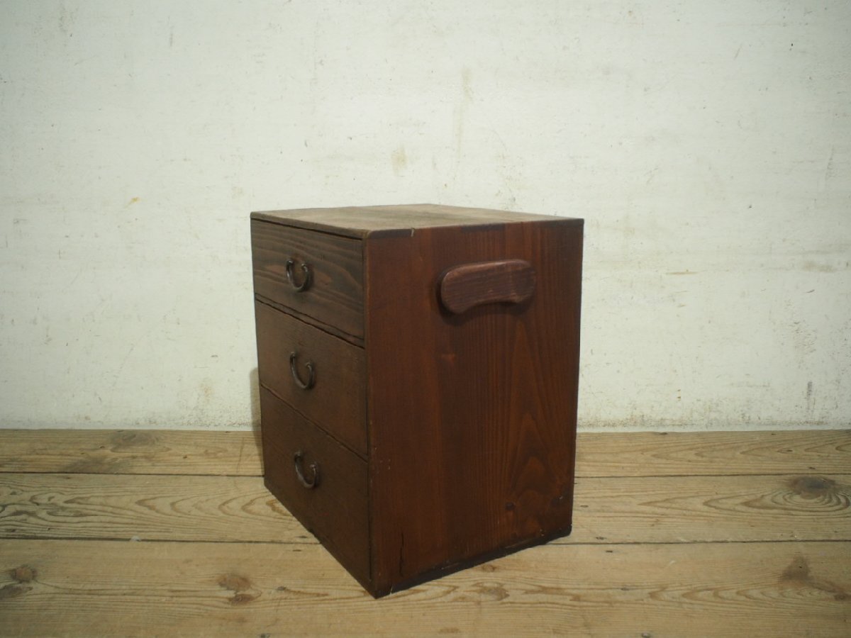yuK0833*H38cm×W33cm* storage 3 cup * retro taste ... old wooden small drawer * storage shelves document case chest old furniture old tool Vintage S.4