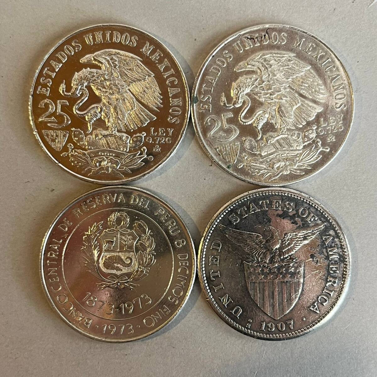 RS223 外国貨幣 銀貨 コイン 4枚 まとめて メキシコオリンピック 25ペソ 100ソル 1ペソ フィリピン 1968 1973 1907 (検)シルバー 硬貨 の画像2
