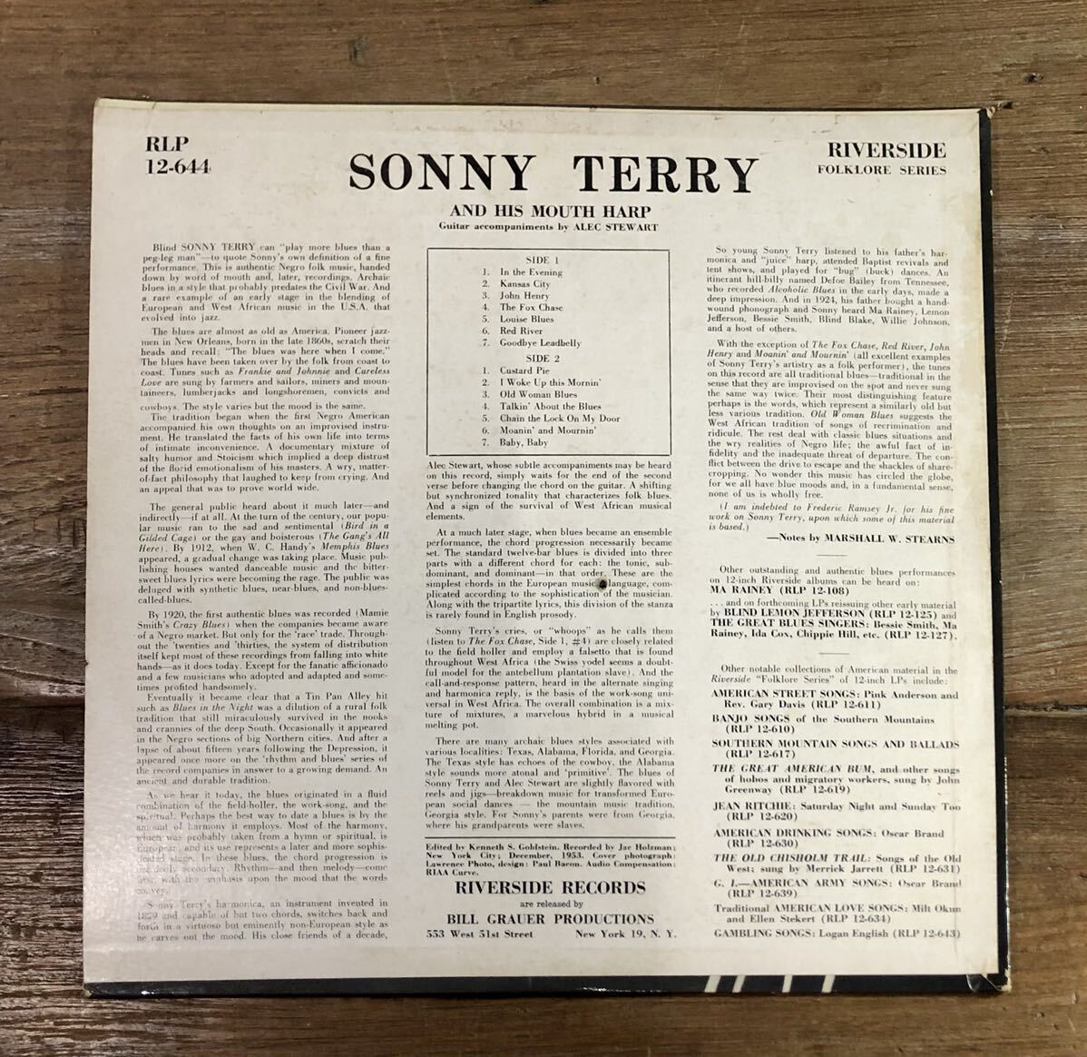 【 SONNY TERRY AND HIS MOUTH HARP 】 サニー・テリー / 1957年,59年 ,US盤,RLP12-644 RIVERSIDE RECORDS / USED保管品の画像3