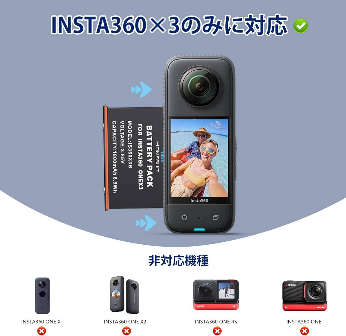 Insta360 X3バッテリー 1800mAh×2個 防水仕様 収納式 インスタ急速充電器セット_画像5