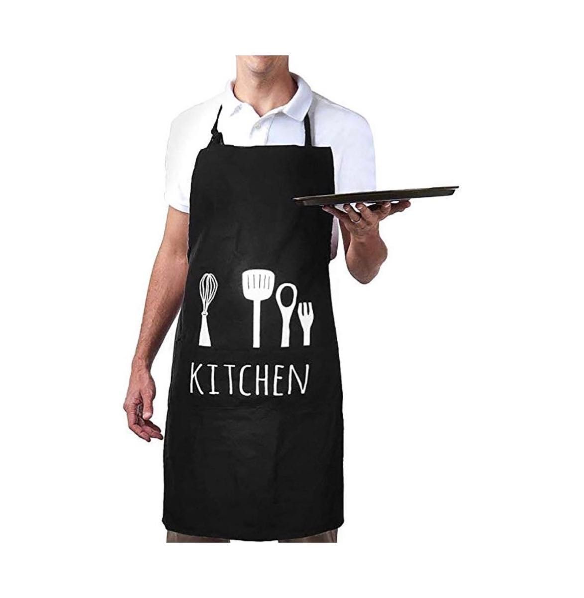 エプロン 女性用 柄付きh型 業務用 キッチン メンズ 男女兼用 黒 新品未使用 ブラック 料理 ポケット付き kitchen