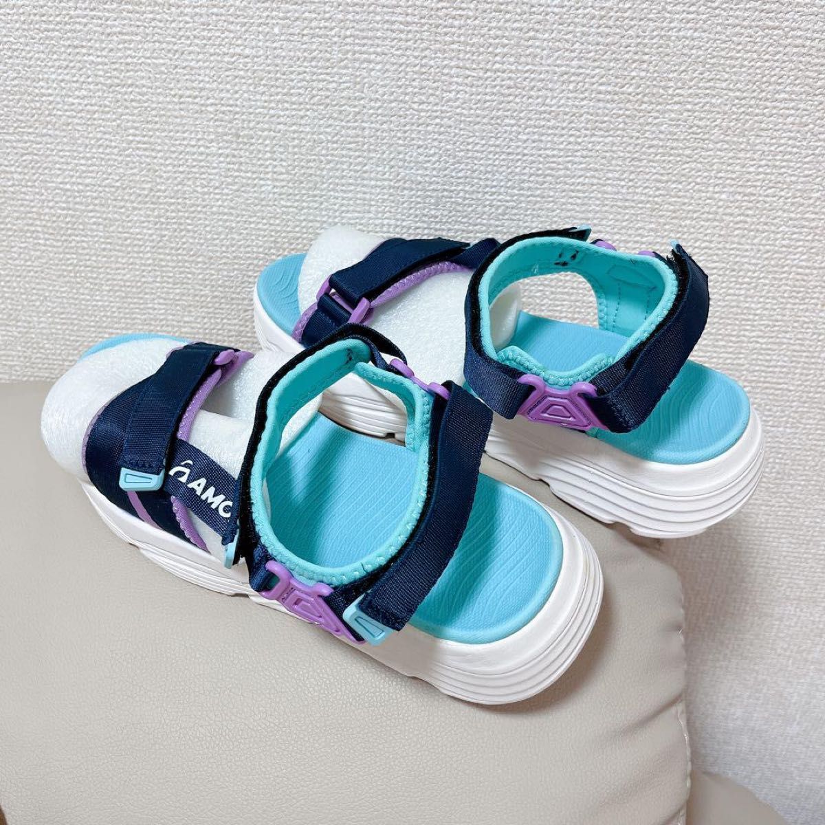 AMOJI アモジ スポーツサンダル 24.0cm 37 ES514 新品 送料込 未使用 可愛い 夏 水色 ブルー ネイビー 紫