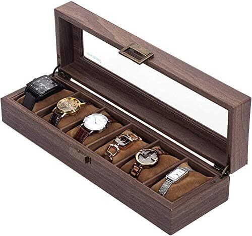 コレクションケース 腕時計収納ボックス 腕時計収納ケース 6本用 木目PU ブラウン_6本