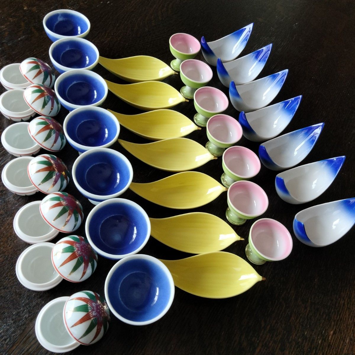前菜皿　蓋付き手毬皿　珍味　小鉢　貫入り青磁高台　7客セット　 日本料理　懐石料理　和食器