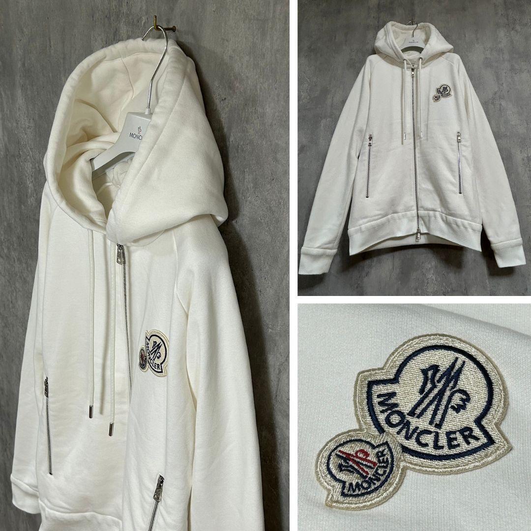 定価12万円！☆未使用タグ付き・本物保証☆ MONCLER ダブルワッペン パーカー XXLサイズ アイボリー色_画像4