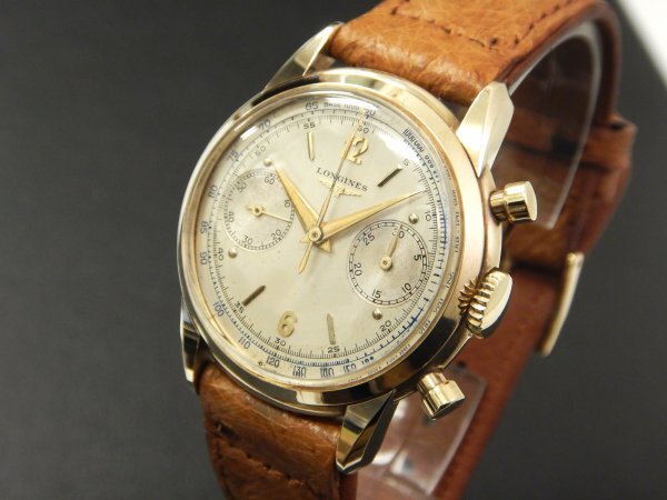 6272 希少売切り☆ LONGINES FLYBACK CHRONOGRAPH 14K 30CH ロンジン フライバック クロノグラフ 尾錠18K 手巻き メンズ 腕時計_画像1