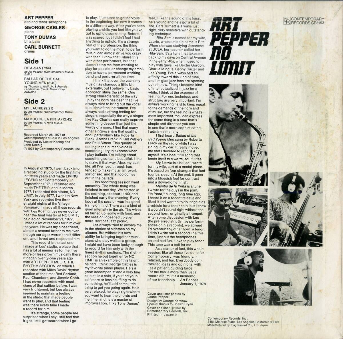 A00590704/LP/アート・ペッパー(ART PEPPER)「No Limit (1978年・GP-3153・クールジャズ・ポストバップ)」の画像2